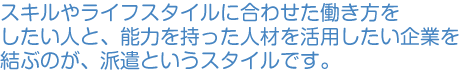 自分の能力を活かして働きたい人と、
能力を持った人材を活かしたい企業を結ぶのが、派遣というワークスタイルです。